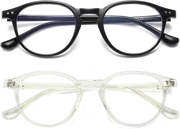 Dollger Blue Light Blocking Glasses, Vintage Round Frame Eyeglasses for Women Men, 2 Pack Transparent and Black