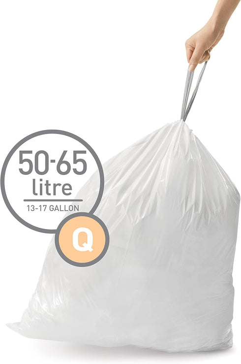 Packs, 20 Count, 50-65 13.2-17.2 simplehuman Code Q Custom Fit Drawstring Trash Bags in Dispenser Liter / Gallon, White