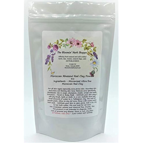 Moroccan Rhassoul Red Clay, 8oz, Pure Silken Very Fine Powder, Set Masks, Wraps, Shampoo, Spa Hair Gift