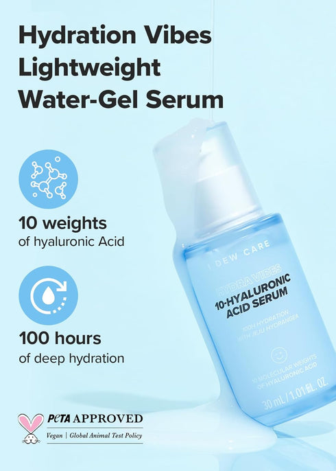 I DEW CARE Hydra Vibes 10-Hyaluronic Acid Serum | Hyaluronic Acid Water-gel Serum, Jeju Hydrangea, Moisturizing, Glass Skin, Korean Skin Care, Vegan, Cruelty-Free, 30ml, 1.01 fl. oz.