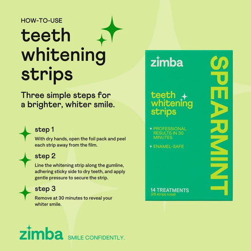 Zimba Spearmint Flavored Teeth Whitening Strips | Vegan, Enamel Safe Hydrogen Peroxide Whitener for Coffee, Wine,