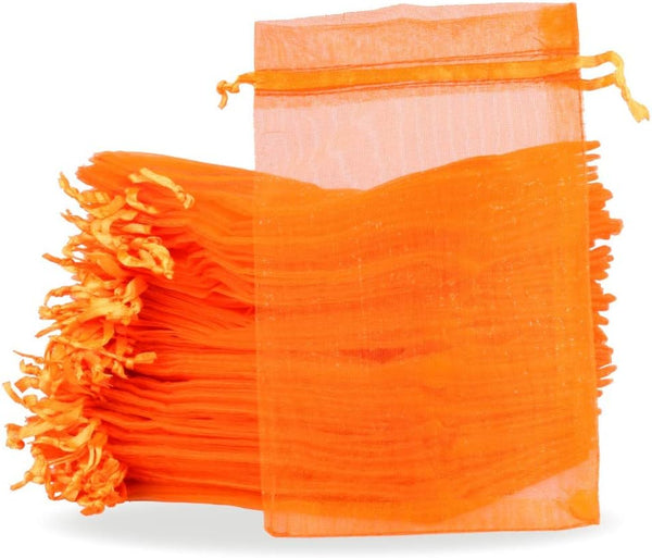 PMLAND 100 Pcs Organza Mesh Drawstring Bags, 4 x 6 Inches for Jewelry Party Favors, Orange