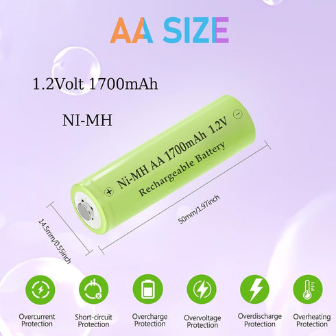 Teneyuuo 8 Packs 1.2V 1700mAh NI-MH AA Rechargeable Batteries Long Lasting for Home Device, Electric Toys, Remotes Toy