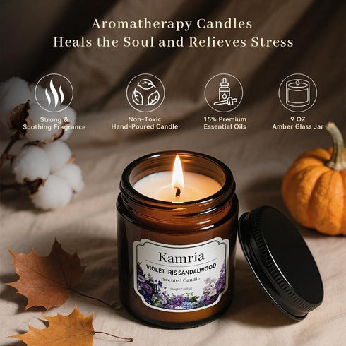 Kamria 7oz Violet Iris Sandalwood Candle, Elegant Floral Woody Aromatherapy in Amber Glass Jar, Natural Soy Wax