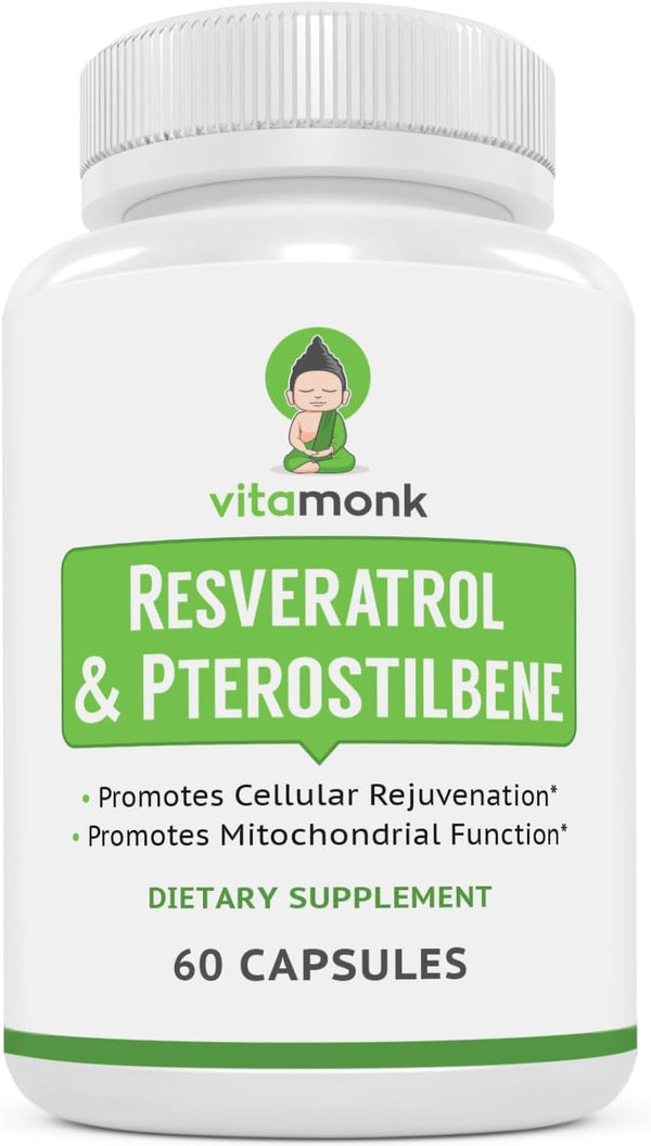 VitaMonk Resveratrol with Pterostilbene, 60 Capsules, 600mg/60mg, Healthy Aging & Longevity Supplement, No Artificial