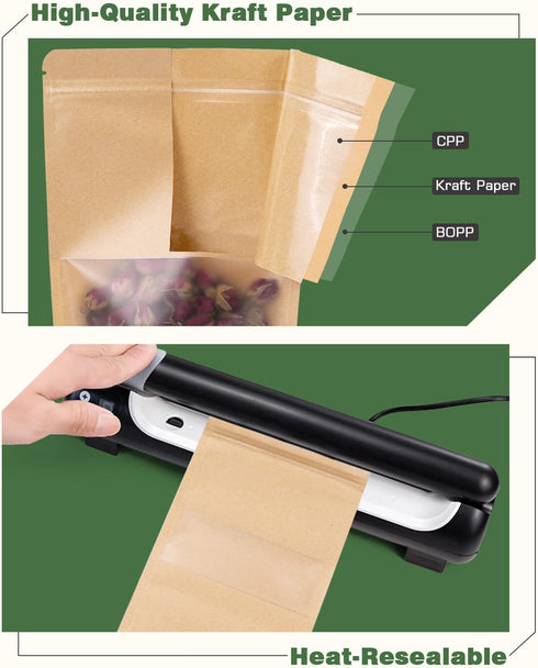 Resealable Bags 200 Packs Coffee Bags, Packaging Bags for Small Business, Stand Up Pouches with Window, Kraft Paper Bags
