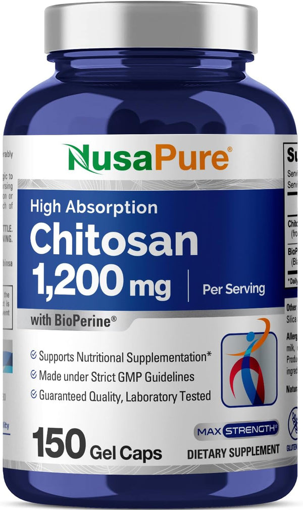 NusaPure Chitosan 1200mg - 150 Caps, Non-GMO & Soyfree with Bioperine