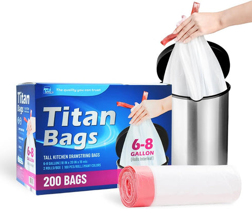 TPPlastic 8 Gallon Drawstring Trash Bags, Unscented, 200 Count - Small Kitchen Garbage Bags, 7-8 Gallon
