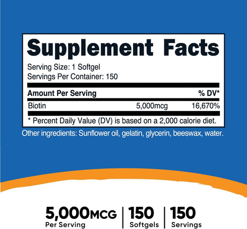 Nutricost Biotin (5,000mcg) in Coconut Oil 150 Softgels - Vitamin B7 - Gluten Free, Non-GMO