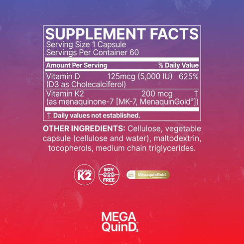 Microbiome Labs MegaQuin D3 - High Potency Vitamin D3 K2 Supplement, 5000 iu & MK-7 for Bone, Heart, Nerve & Immune