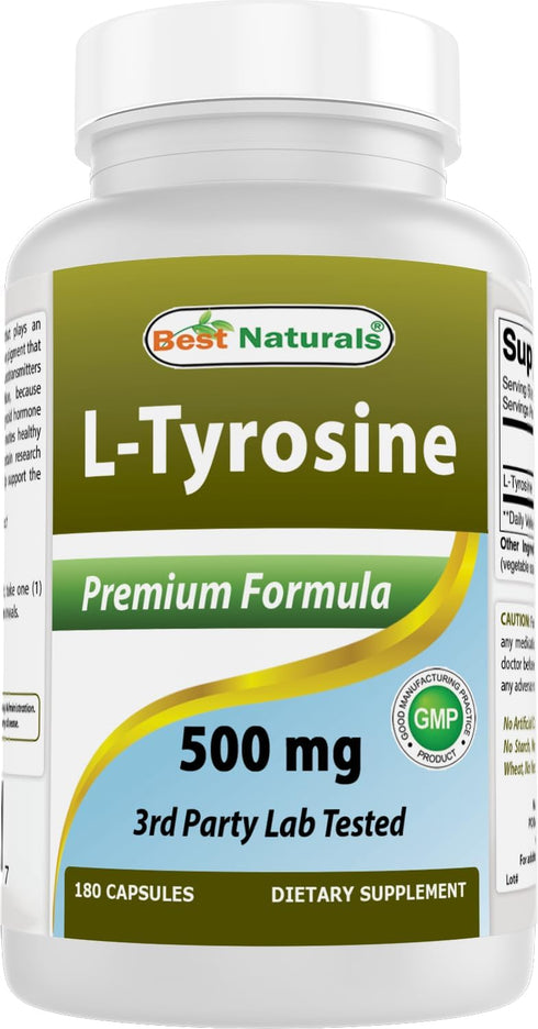 Best Naturals L-Tyrosine 500 Mg - 180 Capsules for Mental Alertness, Energy, Focus & Healthy Glandular Function