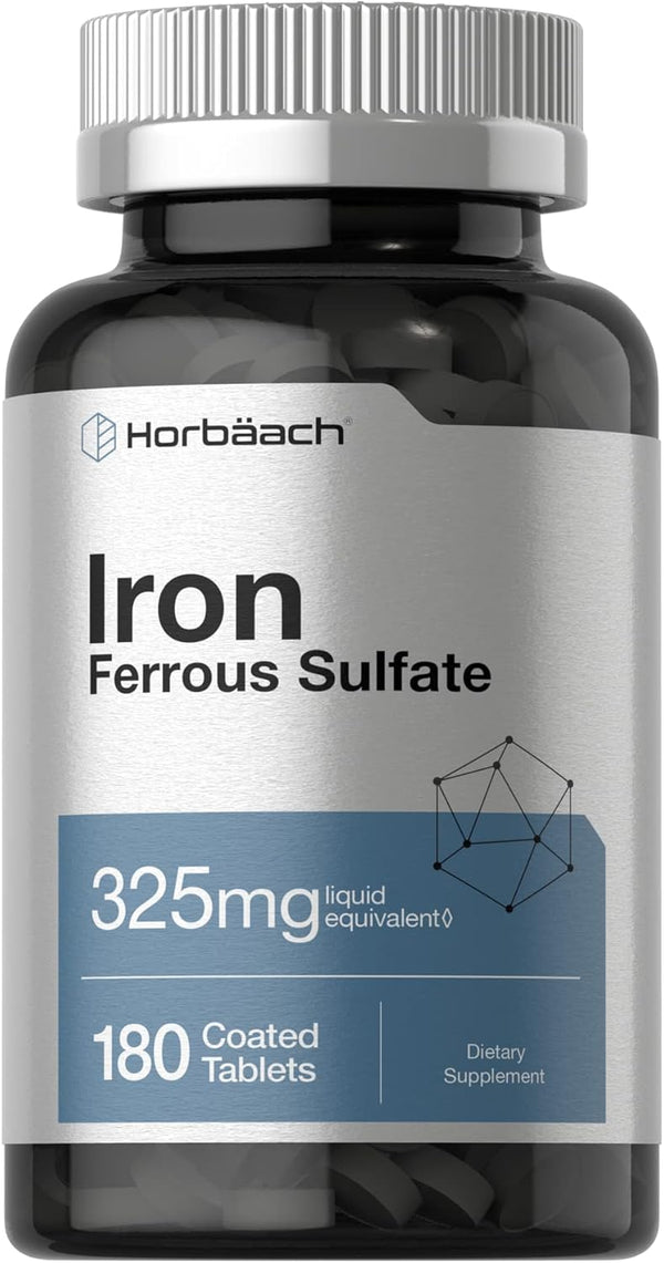 Horbaeach Iron Ferrous Sulfate 325mg | 180 Count | Vegetarian, Gluten Free & Non-GMO Dietary Supplement