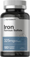 Horbaeach Iron Ferrous Sulfate 325mg | 180 Count | Vegetarian, Gluten Free & Non-GMO Dietary Supplement