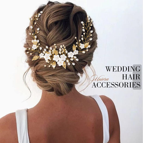 Unicra Silver Bride Wedding Hair Vine, Flower Bridal Hair Piece, Pearl Hair Accessories for Women & Girls (Gold)