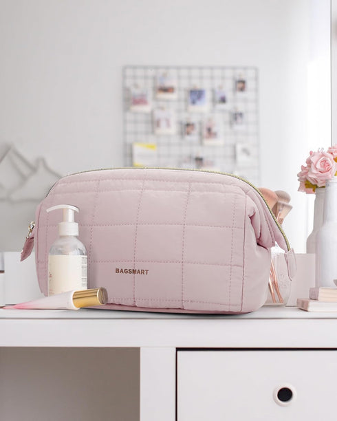 BAGSMART Makeup Bag, Travel Cosmetic Organizer Case, Puffy Padded Makeup Bags for Women, Pink