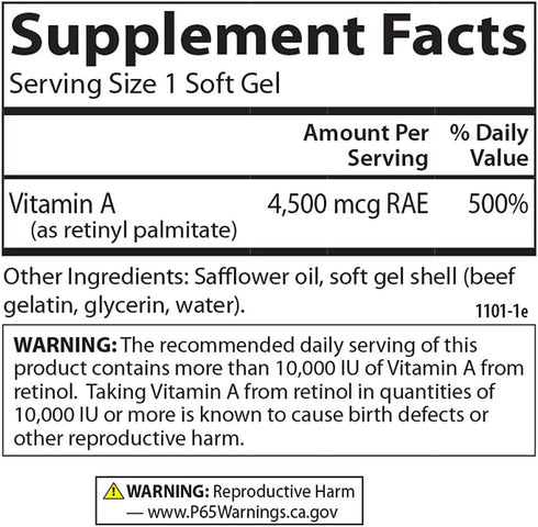 Carlson Vitamin A 15000 IU Palmitate (4500 mcg RAE), 120 Softgels | Vision Health and Healthy Skin