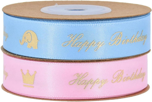 Happy Birthday Ribbon 2 Rolls, 1.5cm Satin Gift Wrap Ribbons for Bouquet, DIY Flower Birthday Wrapping, Party Supplies