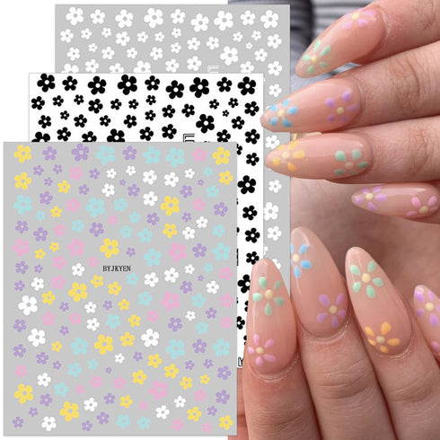6 Sheets Flower Nail Art Stickers, 3D Self-Adhesive Black White Colorful Flowers Design for Manicure DIY Supplies
