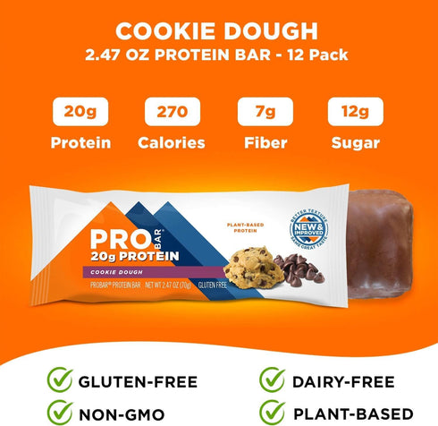 PROBAR - Base Protein Bar, Cookie Dough, Non-GMO, Gluten-Free, Plant-Based, 12 Count
