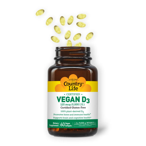 Country Life Vegan D3 5000 IU, Plant-Derived Vitamin D3 from Lichen, 60 Softgels, High Potency Immune Support