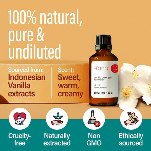 H’ana Vanilla Essential Oil 1 fl oz for Diffuser & Skin - 100% Natural Vanilla Oleoresin Oil
