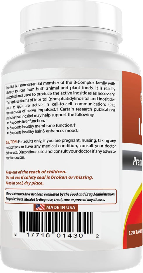 Best Naturals Inositol 1000mg, 120 Tablets, Also Known as Vitamin B8