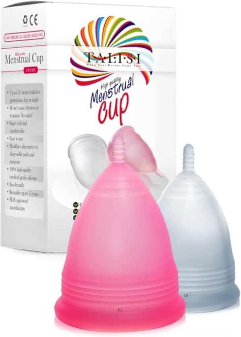 Talisi Menstrual Cups Set of 2 - Reusable Period Kit (Small & Large Sizes) - Super Soft Silicone for Feminine Hygiene.