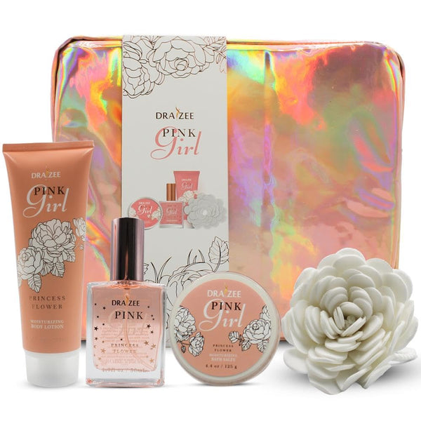 Spa Gift for Women, 4 Pcs Relaxation Set with Body Lotion, Body Spray, Bath Salts & Puff - Self Care Gifts by Draizee