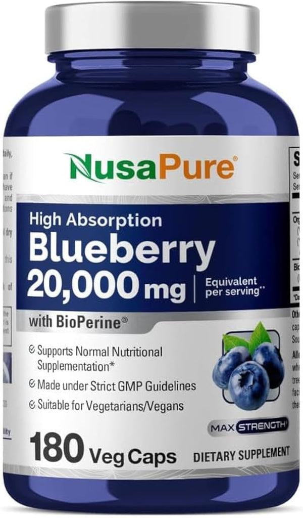 NusaPure Blueberry Concentrate 20,000mg - 180 Veggie Powder Caps, 100% Vegetarian, Non-GMO