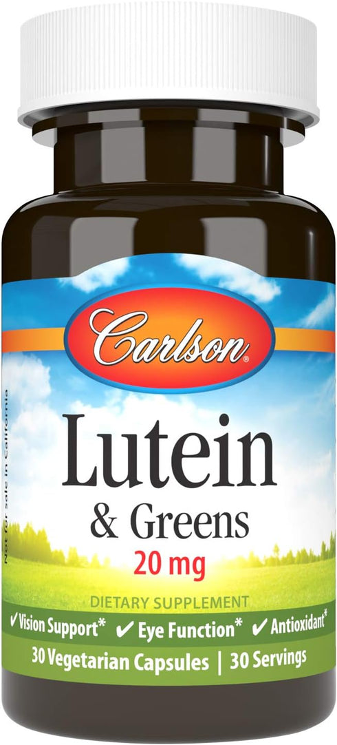 Carlson Lutein & Greens, 20 mg Vision Support & Eye Function, Antioxidant, 30 Vegetarian Capsules