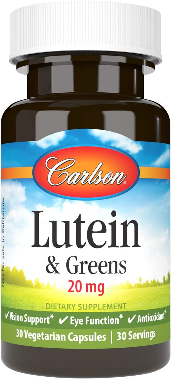 Carlson Lutein & Greens, 20 mg Vision Support & Eye Function, Antioxidant, 30 Vegetarian Capsules