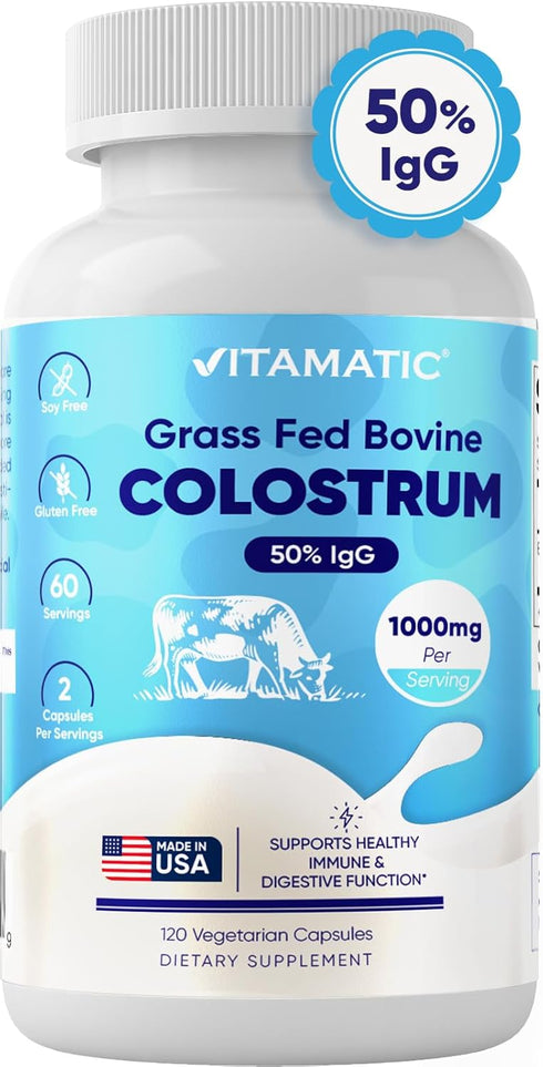 Vitamatic Bovine Colostrum Supplement 1000 mg - 50% Highest IgG for Gut Health, Hair Growth, Muscle Recovery, 120