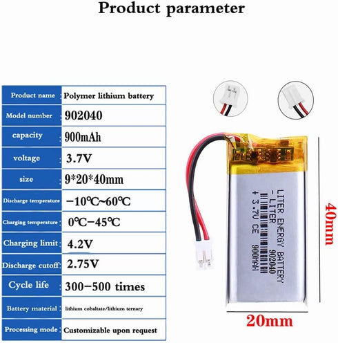 3.7V 902040 900mAh Lithium Polymer ion Battery Rechargeable Polymer Battery Pack with JST 2.0mm Connector