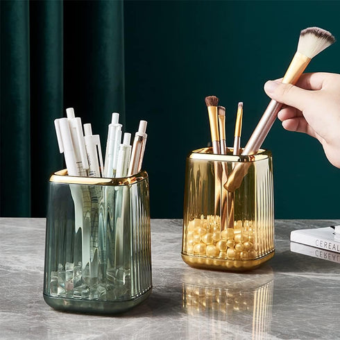 Makeup Brush Holder Organizer for Vanity, Acrylic Gold Container with Striped Design for Bathroom
