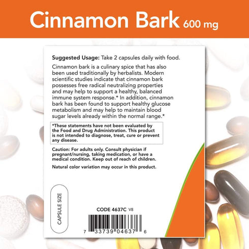 NOW Supplements Cinnamon Bark 600 mg, 240 Veg Capsules for Healthy Glucose Metabolism