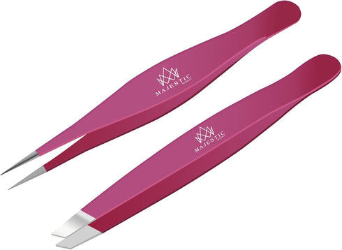 Majestic Bombay Fine Point + Slant Tweezers for Women and Men, Precision Tweezers for Hair Removal
