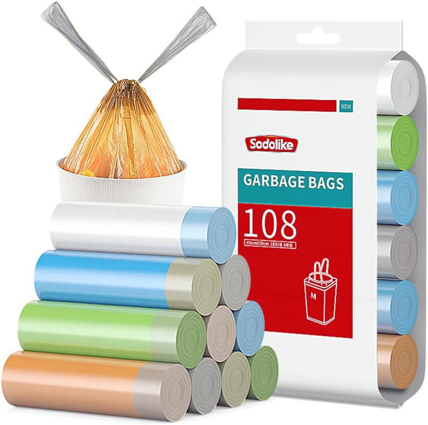 Small Drawstring Trash Bags 4 Gallon, 108 Count, Colored Thick Unscented Plastic Wastebasket Bags