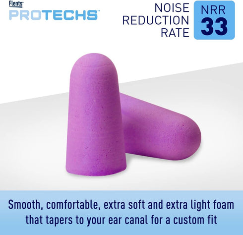 Flents Protechs Foam Ear Plugs, 50 Pair, NRR 33, Noise Cancelling, Purple, Made in the USA