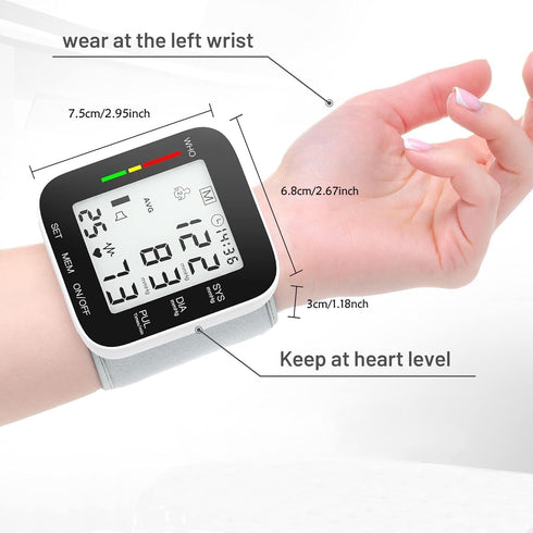 Automatic Wrist Blood Pressure Monitor with Large LCD Display, Adjustable Cuff, Dual 99 Reading Memory for Home Use