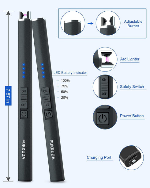 FUKKUDA Electric Candle Lighter with Safety Switch, USB Rechargeable Windproof Plasma Arc Lighter (Obsidian Black)