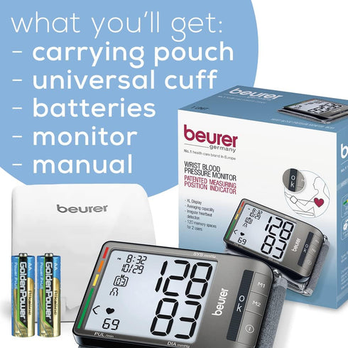 Beurer BC81 Wrist Blood Pressure Monitor – XL Display, Arrhythmia Detection, 120 Memory Sets, Automatic Machine with