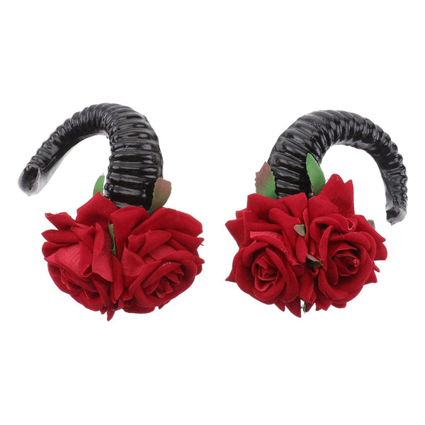 Lurrose Large Black Devil Horn Hair Clip, Sheep Horn Rose Flower Barrettes for Halloween Cosplay