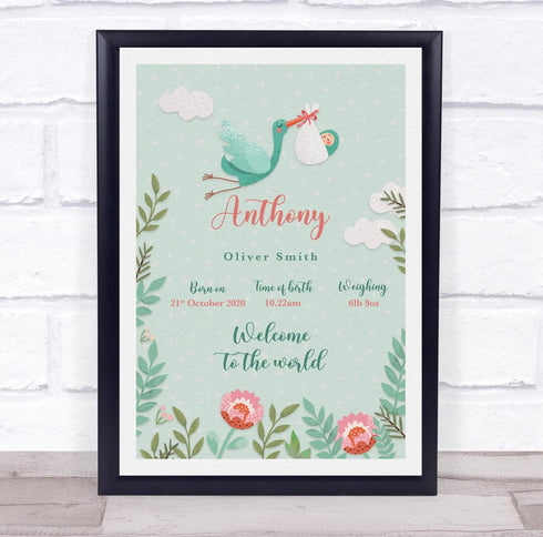 The Card Zoo New Baby Birth Details Christening Nursery Stork Light Skin Baby Gift Print