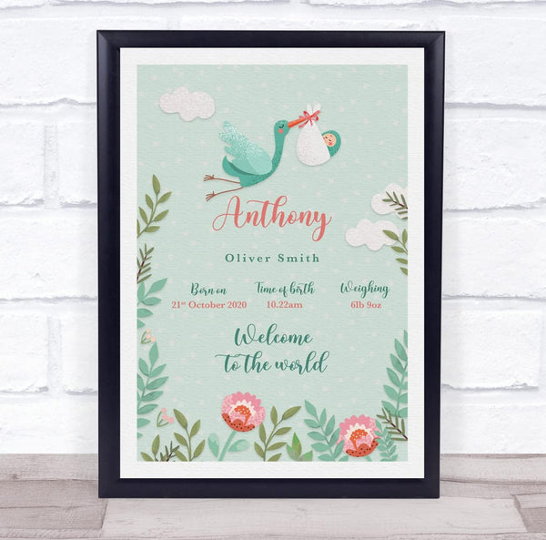 The Card Zoo New Baby Birth Details Christening Nursery Stork Light Skin Baby Gift Print