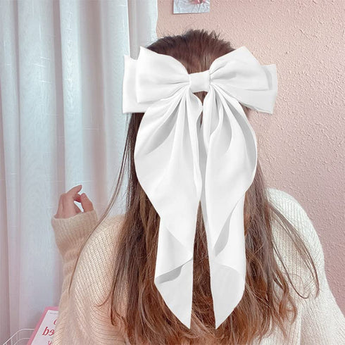 Large Hair Bow Clips for Women Girls, Silky Satin Hair Barrettes with Long Ribbon Tail, White Hair Bows Slides
