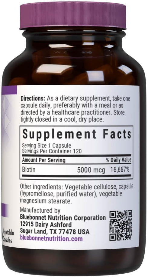 Bluebonnet Nutrition Biotin 5000 mcg, Vegan, Non-GMO, Kosher Certified, Gluten-Free, 120 Vegetable Capsules