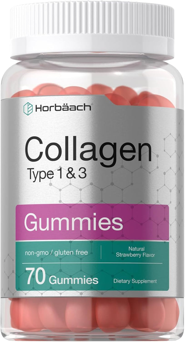 Horbaeach Collagen Gummies, 70 Count Strawberry Flavored, Hydrolyzed Collagen Type 1 and 3, Non-GMO, Gluten Free