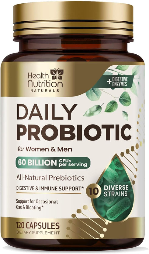 Daily Probiotics and Prebiotics, 60 Billion CFU, 120 Capsules, 10 Diverse Strains for Digestion, Vaginal & Immune Health