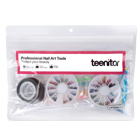 Teenitor Nail Art Brushes, 3D Nail Art Painting Kit with 15 Gel Brushes, 5pcs Dotting Pen, 12 Colors Rhinestones