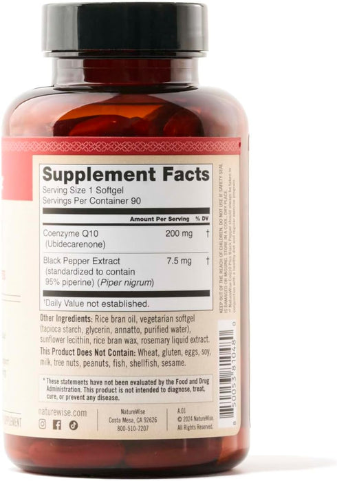 NatureWise CoQ10 200mg Softgels, High Absorption Coenzyme Q10 with BioPerine - Antioxidant for Heart Health + Cellular